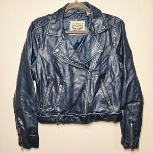 Levi's Blue Leather Faux Moto Biker Jacket Womens M  Zippers Buckles Belted